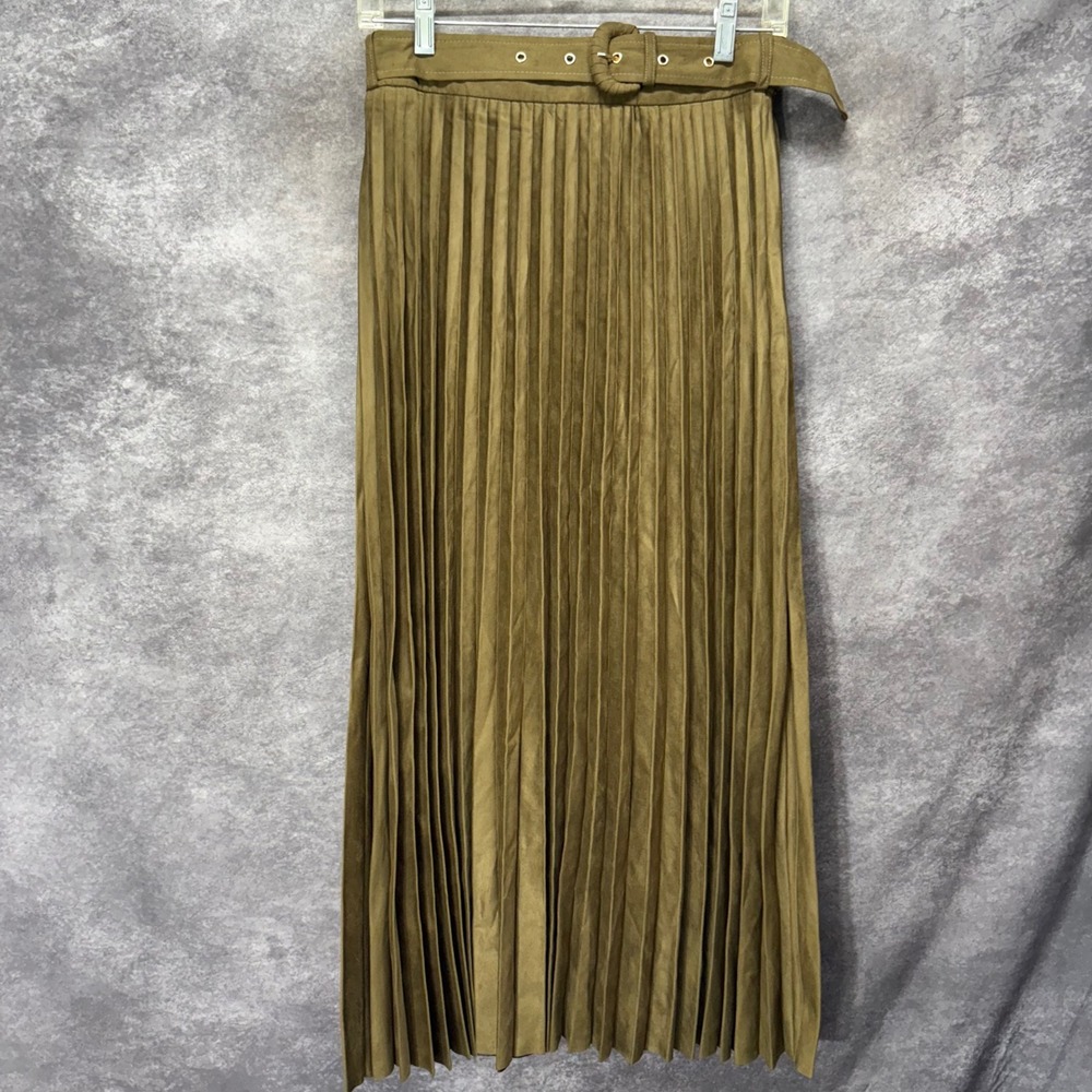 Zara Faux Suede Pleated Midi Skirt Size S Brown Belted Office Sophisticated NWT
